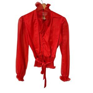 Women's Size 10 Red Ruffle Blouse V-Neck Tie Waist Vintage Joy Stevens